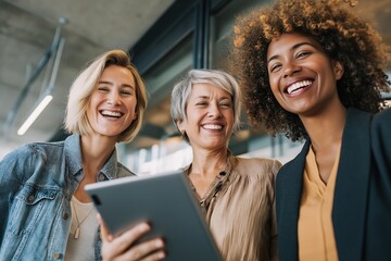 Three women share laughter while looking at a tablet in a bright modern office atmosphere Their smiles create a warm and inviting ambiance