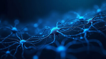 Artificial neural network with interconnected glowing nodes on dark blue background, digital brain concept