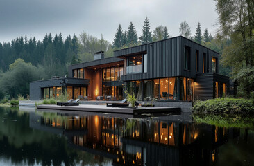 Obraz premium Luxury modern lakeside house with glass walls and warm interior lights reflecting on still water surface