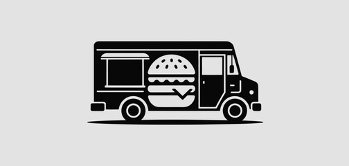 Stylized black and white food truck illustration featuring a large burger
