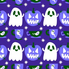 Naklejka premium Autumn harvest vegetable seamless monster Halloween pumpkins pattern for wrapping paper and fabrics