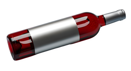 Red wine bottle with silver label isolated on transparent background, Png