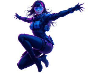 Female operative in tactical gear in a dynamic pose isolated on transparent background