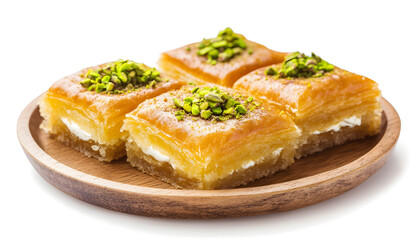 Traditional Middle Eastern Kunafa dessert cubes filled with cream and topped with ground pistachios on wooden plate isolated on whit
