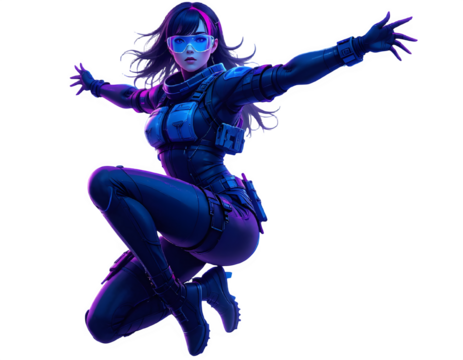 Female operative in tactical gear in a dynamic pose isolated on transparent background