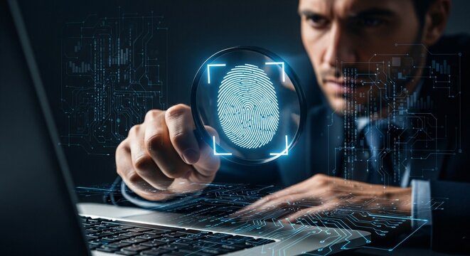 Cybersecurity expert analyzing fingerprint biometric data for secure digital identity verification