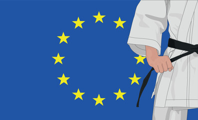 WebKarate fighter in kimono on european union flag background. Courage and sport concept. Vector illustration.