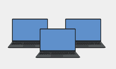 Three laptops with blank empty blue screen. Realistic mockup or template, isolated on white background. Computer and tech. Vector illustration design