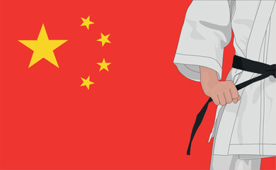 Karate fighter in kimono on Chinese flag background. Courage and sport concept. Vector illustration.