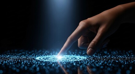 Finger touching digital interface with glowing circles, innovation, and futuristic technology