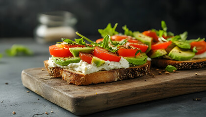 Delicious open-faced sandwich with avocado and creamy spread served on wooden board