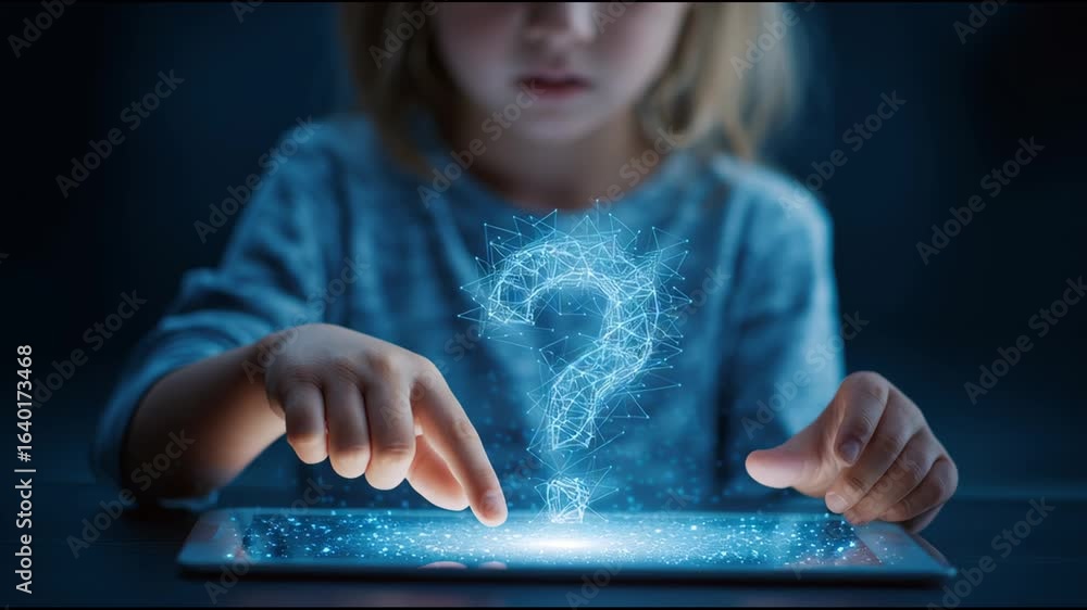 Poster child explores tablet with glowing question mark while seeking knowledge and curiosity during evenin