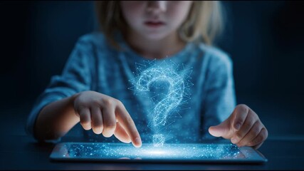 Child Explores Tablet With Glowing Question Mark While Seeking Knowledge and Curiosity During Evening Hours - Powered by Adobe