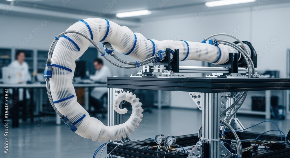 Poster soft robot limb mounted on a rig performing repetitive bending motions powered by pneumatic actuator