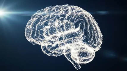 3D glowing digital brain model with neural connections on a dark blue background - Powered by Adobe