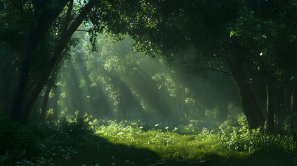 Obraz premium Sunbeams filtering through forest trees onto wildflowers