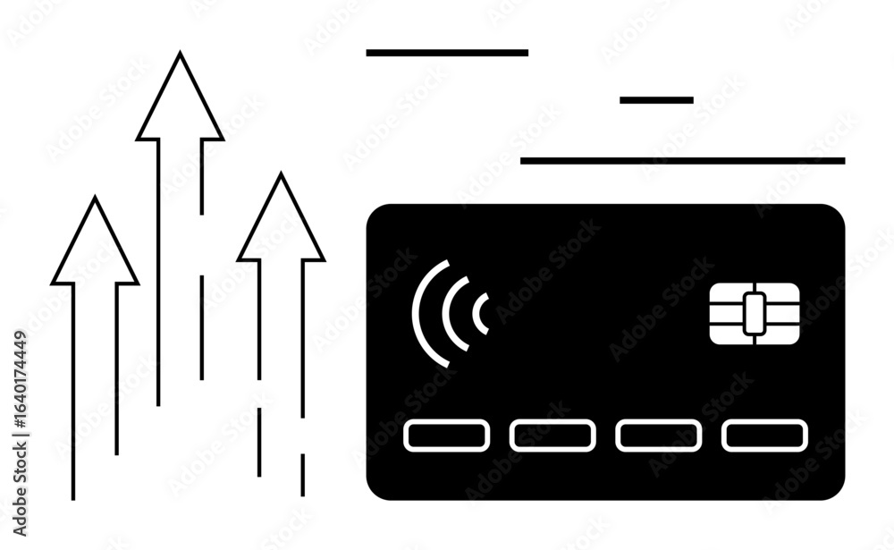 Poster credit card with contactless payment signal and multiple rising arrows symbolizing progress. ideal f