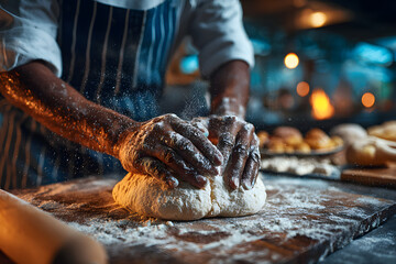 Clap hands of baker with flour in restaurant kitchen