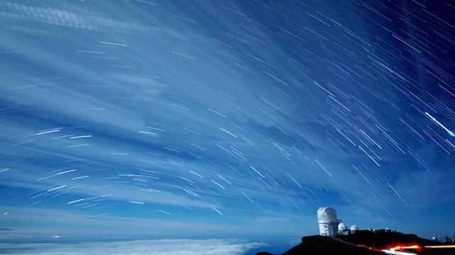 Night view of the haleakala observatory with clouds and stars in the sky
