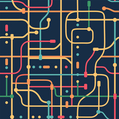 Seamless Metro Map or Circuit Board Pattern – Colorful Network Lines on Dark Background