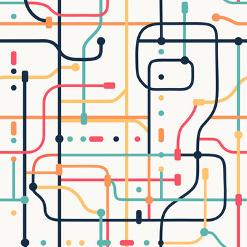Seamless Metro Map or Circuit Board Pattern &ndash; Colorful Network Lines on Dark Background