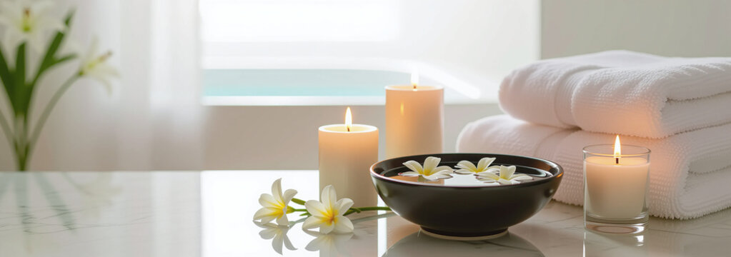 Indulge in a spa-like experience with candles, flowers, and a serene atmosphere.