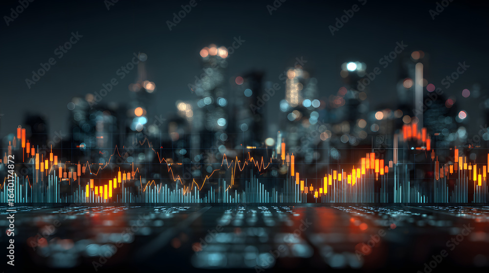 Poster futuristic digital dashboard with glowing stock market graphs and blurred city skyline background re