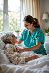 Obraz premium A compassionate nurse provides care and comfort to an elderly woman in bed.