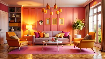 Fototapeta premium Vibrant living room with warm lighting and plush furniture