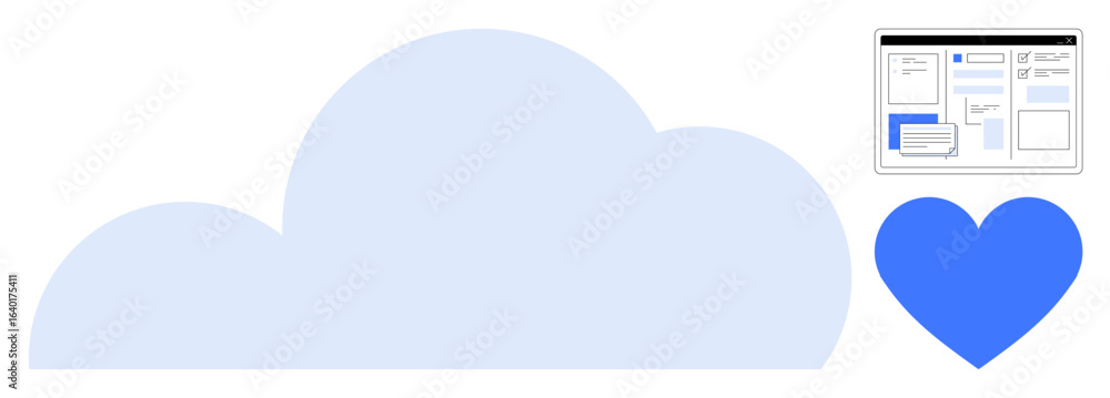Poster large blue cloud, website interface, and heart icon emphasizing technology, digital connectivity, an