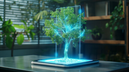 Realistic holographic tree projection from tablet. Advanced futuristic technology blending nature and digital innovation for eco-friendly environmental and sustainability design projects.