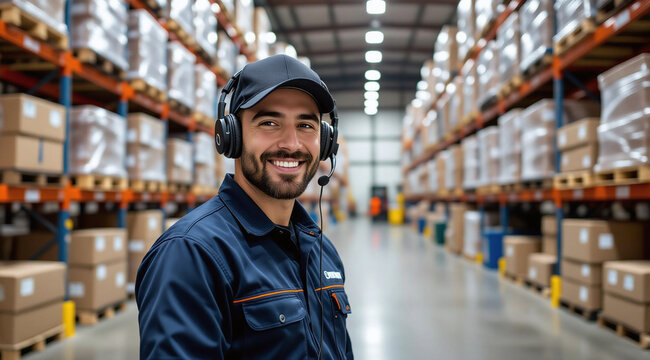 Friendly warehouse worker with headset, smiling in a distribution center - Powered by Adobe