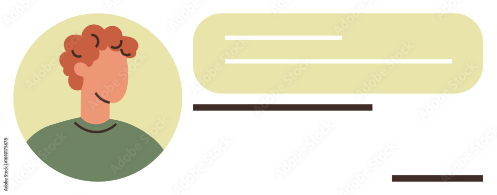 Poster smiling avatar with curly hair next to a speech bubble and lines suggesting text. ideal for communic