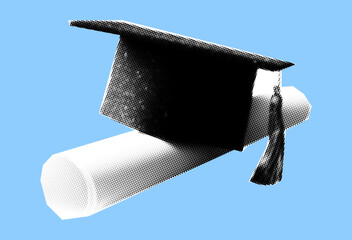 Graduation cap with diploma halftone pop art style on blue background