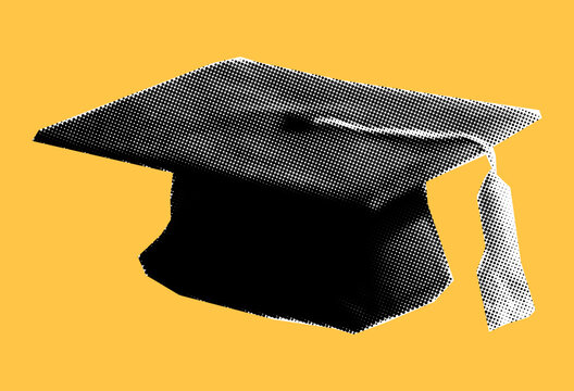 Graduation cap halftone pop art style on yellow background
