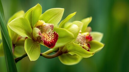 Lush green orchids with yellow petals speckled with red capture sunlight in a vibrant garden setting, showcasing the beauty of nature and floral diversity.