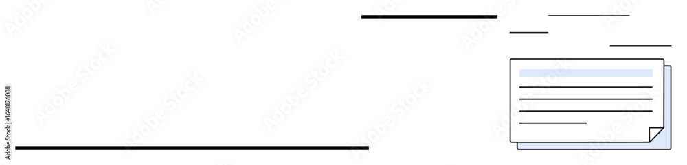 Poster stack of paper sheets with text lines, surrounded by minimalist linear accents. ideal for organizati