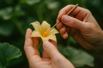 Gentle floral exploration: hands delicately guide a thin stick towards the heart of a yellow flower, sparking curiosity about botany and plant pollination.