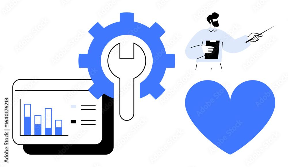 Poster graph with chart bars, wrench in gear, presenter holding notebook with pointer, large heart. ideal f