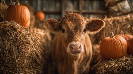 Fototapeta premium Brown dairy cow among pumpkins and hay bales at sunrise