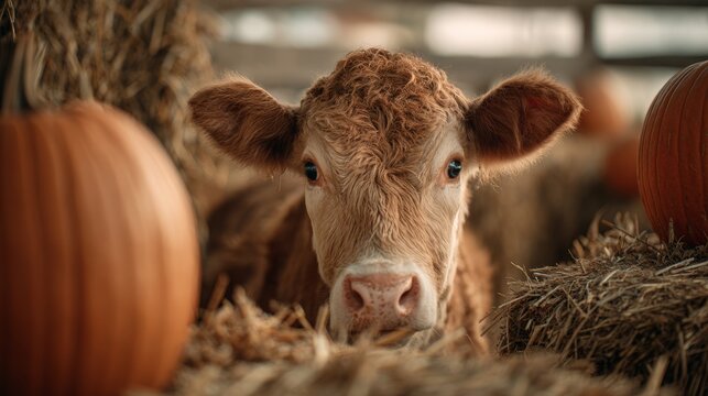 Brown dairy cow among pumpkins and hay bales at sunrise