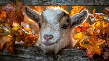 Fototapeta premium Baby goat face surrounded by colorful fall leaves and wooden fence