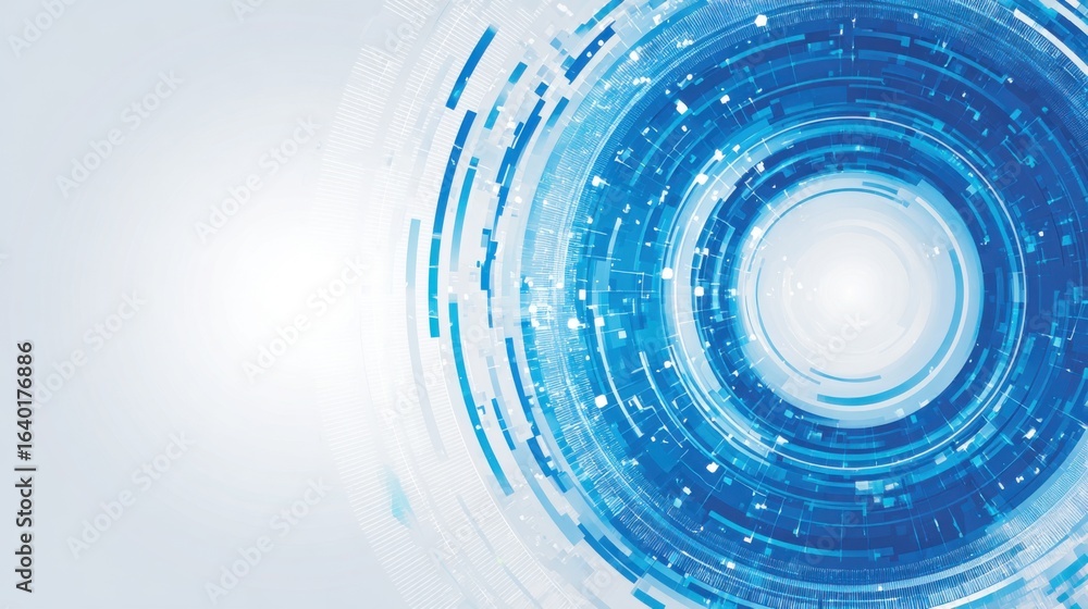 Poster vibrant circular patterns in shades of blue create a dynamic abstract design, symbolizing technology
