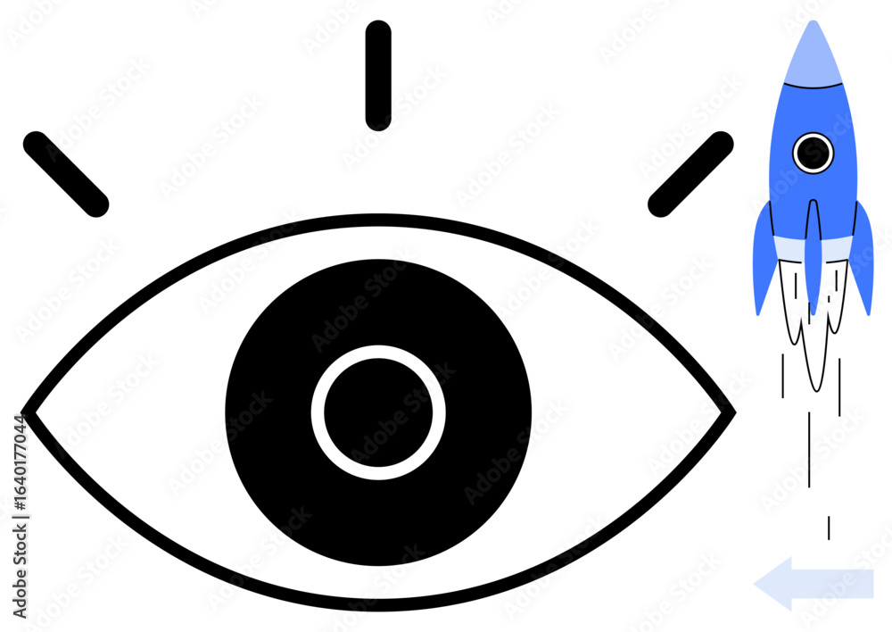 Poster large stylized eye with sharp lines paired with a blue rocket blasting off to the right. ideal for i