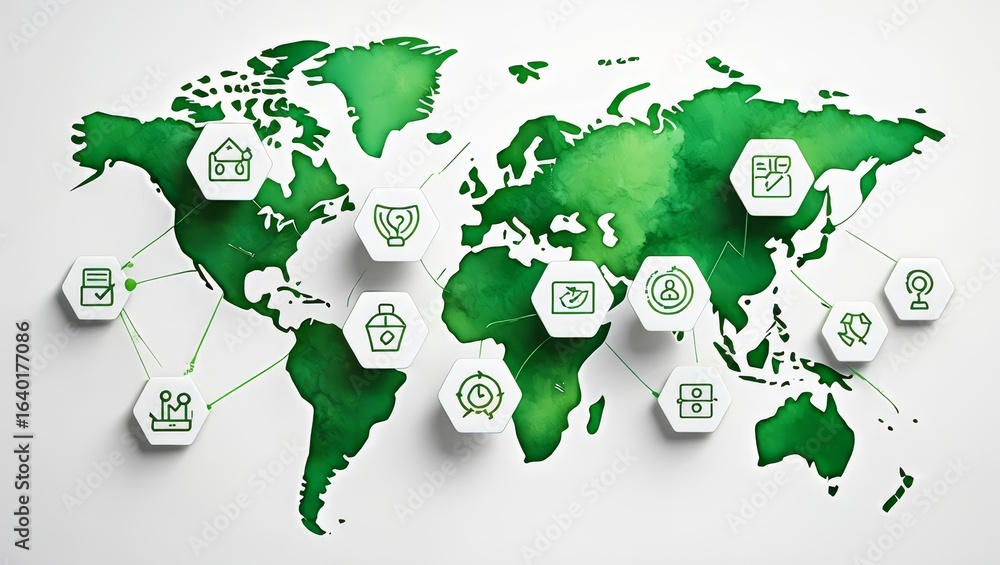 Poster world map with icons representing global business and services