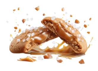 Two salted caramel cookies with caramel drizzle and salt crystals, isolated on transparent background