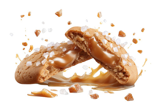 Two salted caramel cookies with caramel drizzle and salt crystals, isolated on transparent background - Powered by Adobe