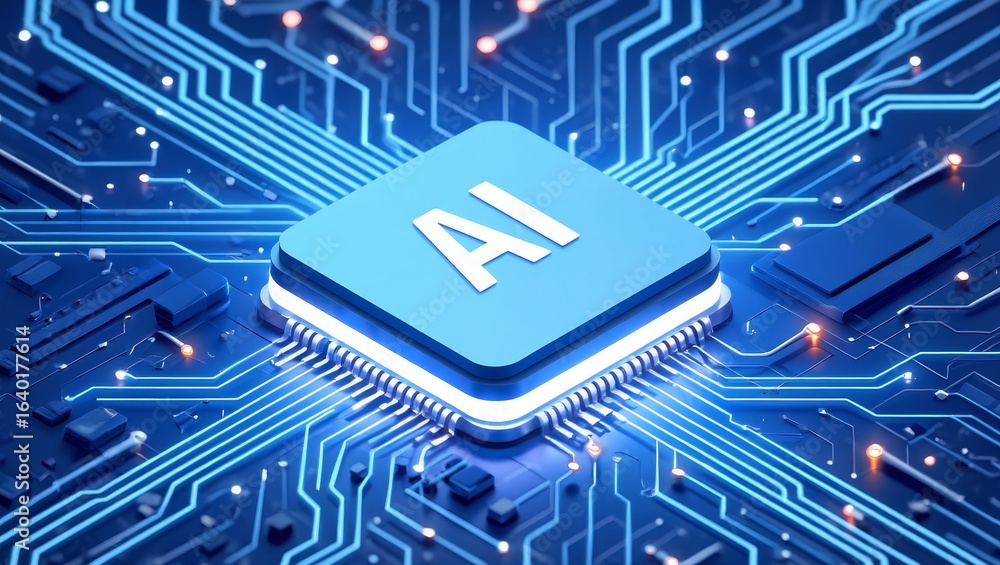 Poster digital chip with ai text on circuit board background