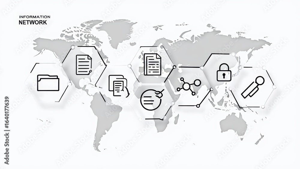 Poster global data network icon set with world map background