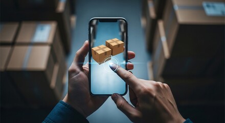 Hands using AR app for package tracking and inventory management in a warehouse setting